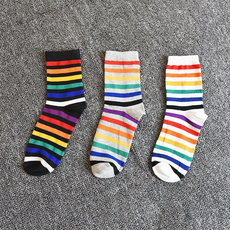 Unisex Rainbow Stripe Cotton Socks - Fashionable Spring/Autumn Set (3 Pairs)