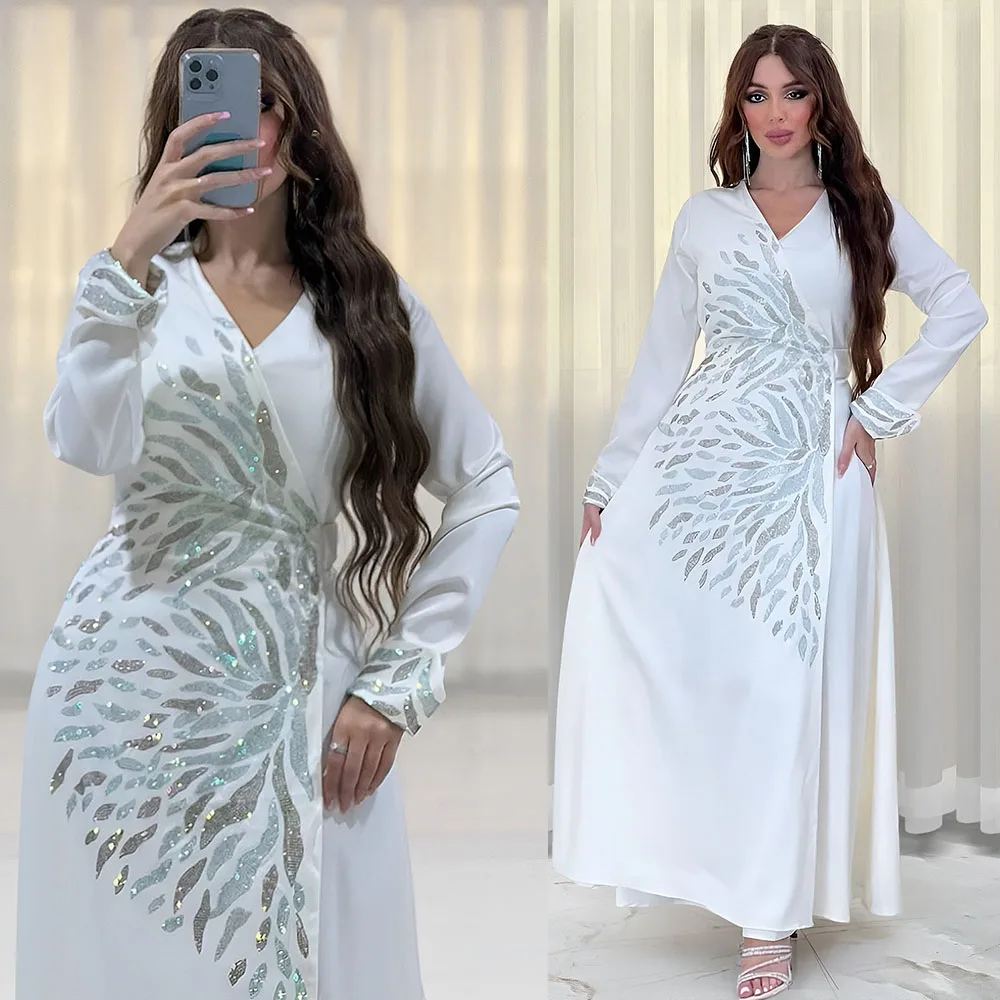 

Muslim Abaya Dresses Women Wedding Evening Party Dress Elegant Wrap Dress Turkey Diamond Robe Abayas Morocco Caftan Dress