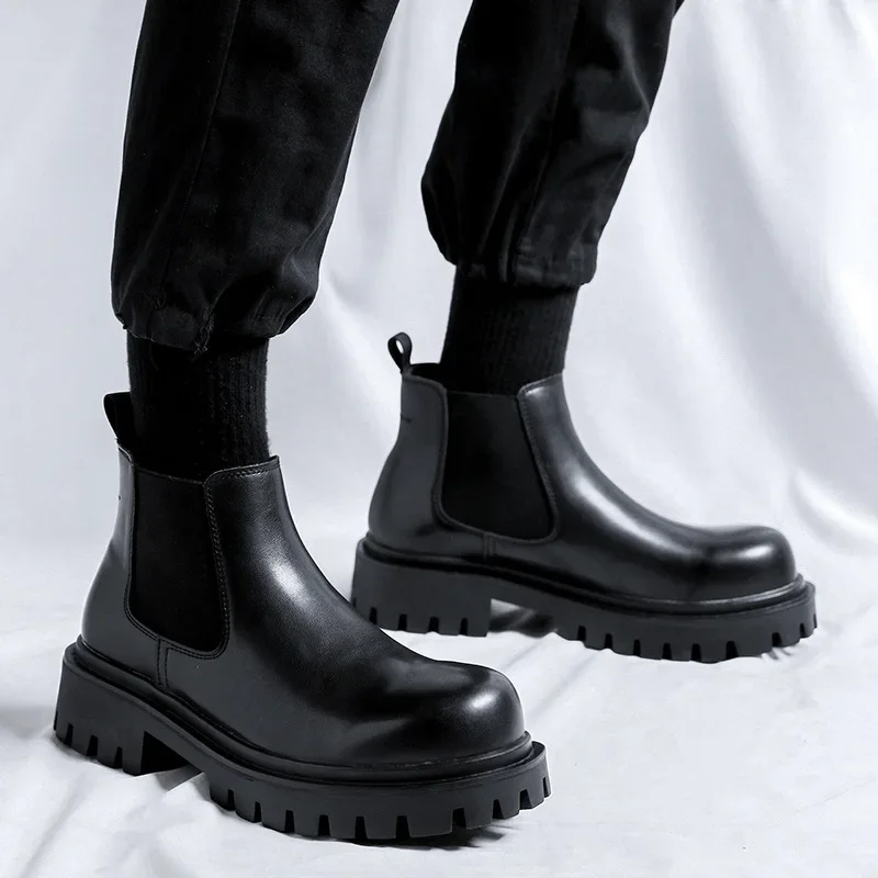 

New Designer Autumn Winter Platform Boots for Men Fashion Casual Black Cow Leather Shoes Men Chelsea Ankle Boots