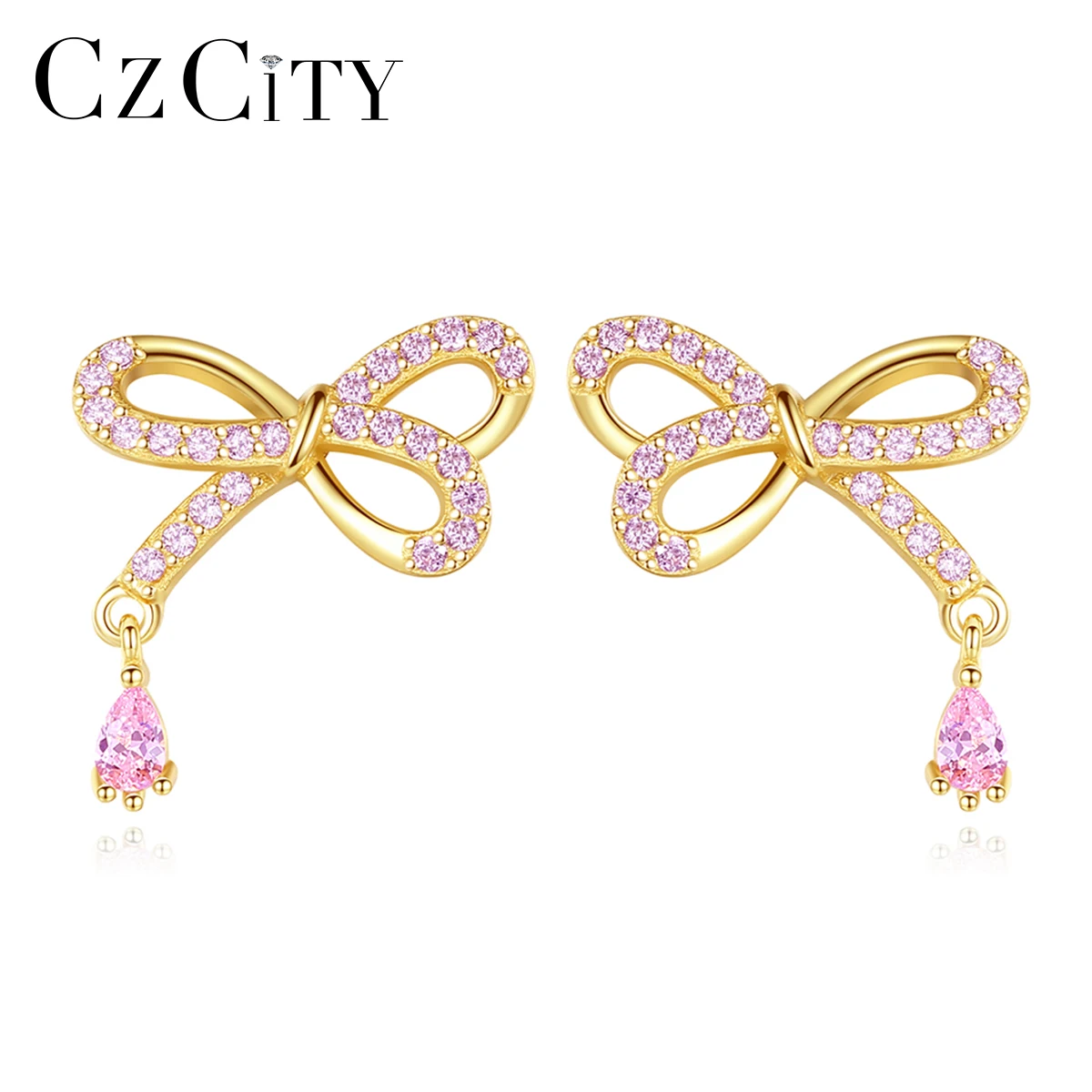 

CZCITY Pink Cute Bow 925 Sterling Silver Trendy Earrings for Women Fine Anniversary Party Classic Romantic Jewelry for Christmas