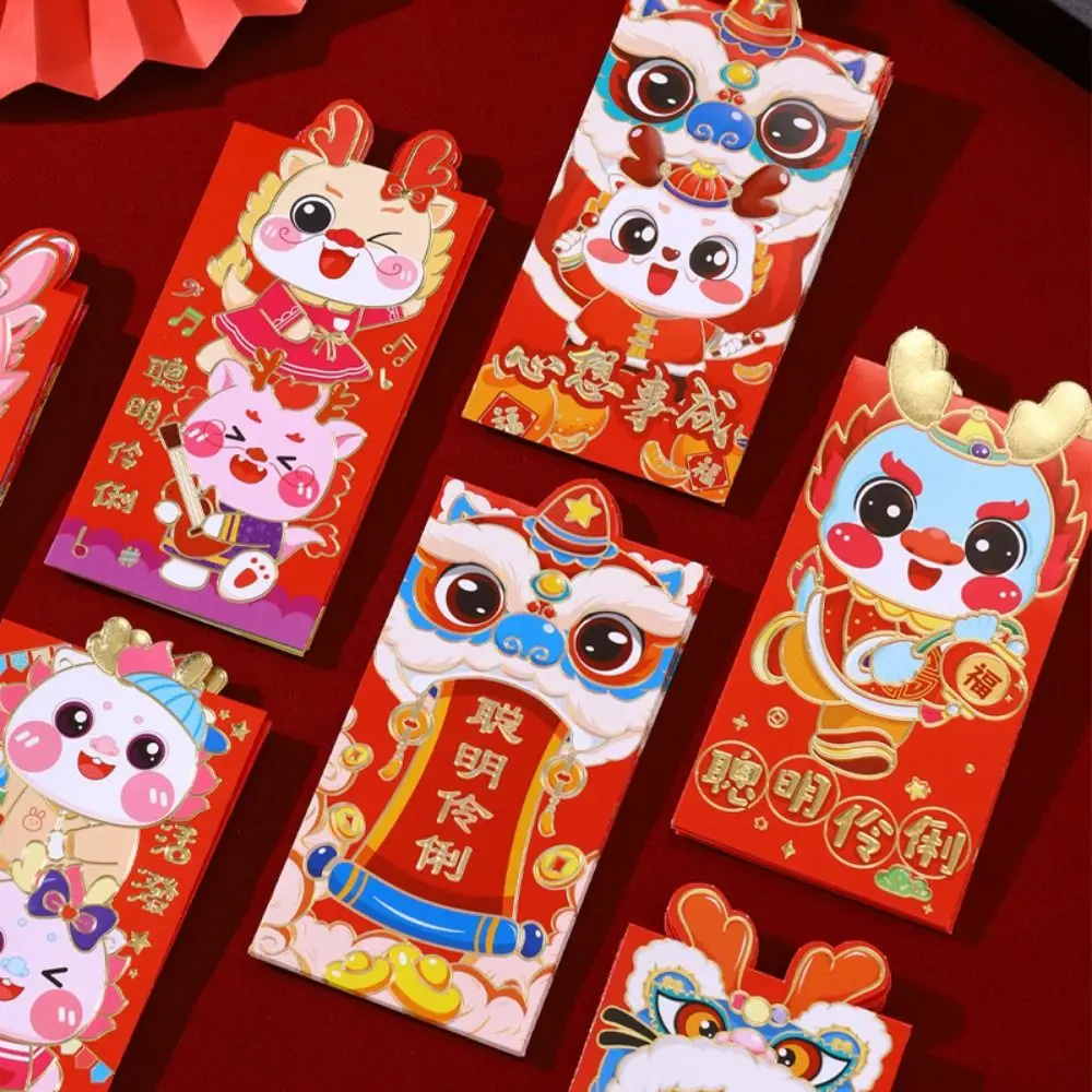 

6pcs/set Decorative Red Envelope Cartoon Chinese Style Blessing Bag Dragon Pattern Red Pocket Luck Money Bag Chinese New Year