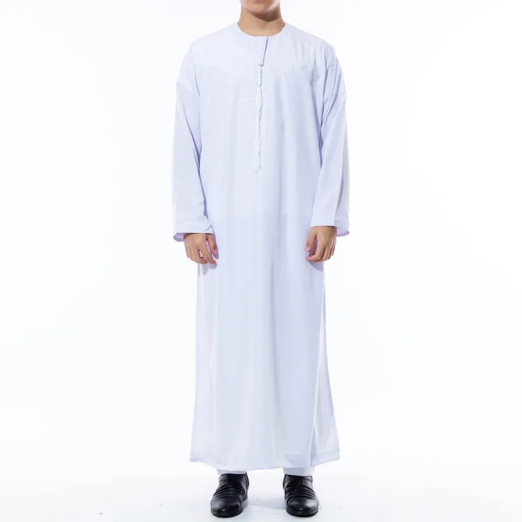Muslim Fashion Men Jubba Thobe Long Sleeve White Color Round Neck Islamic Arabic Kaftan Men Abaya  Islamic Clothing