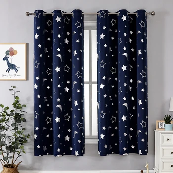 Room Darkening Curtains with Silver Star Moon for Boys Nursery Bedroom Blackout Kids Curtain Grommet Thermal Insulating Drapes