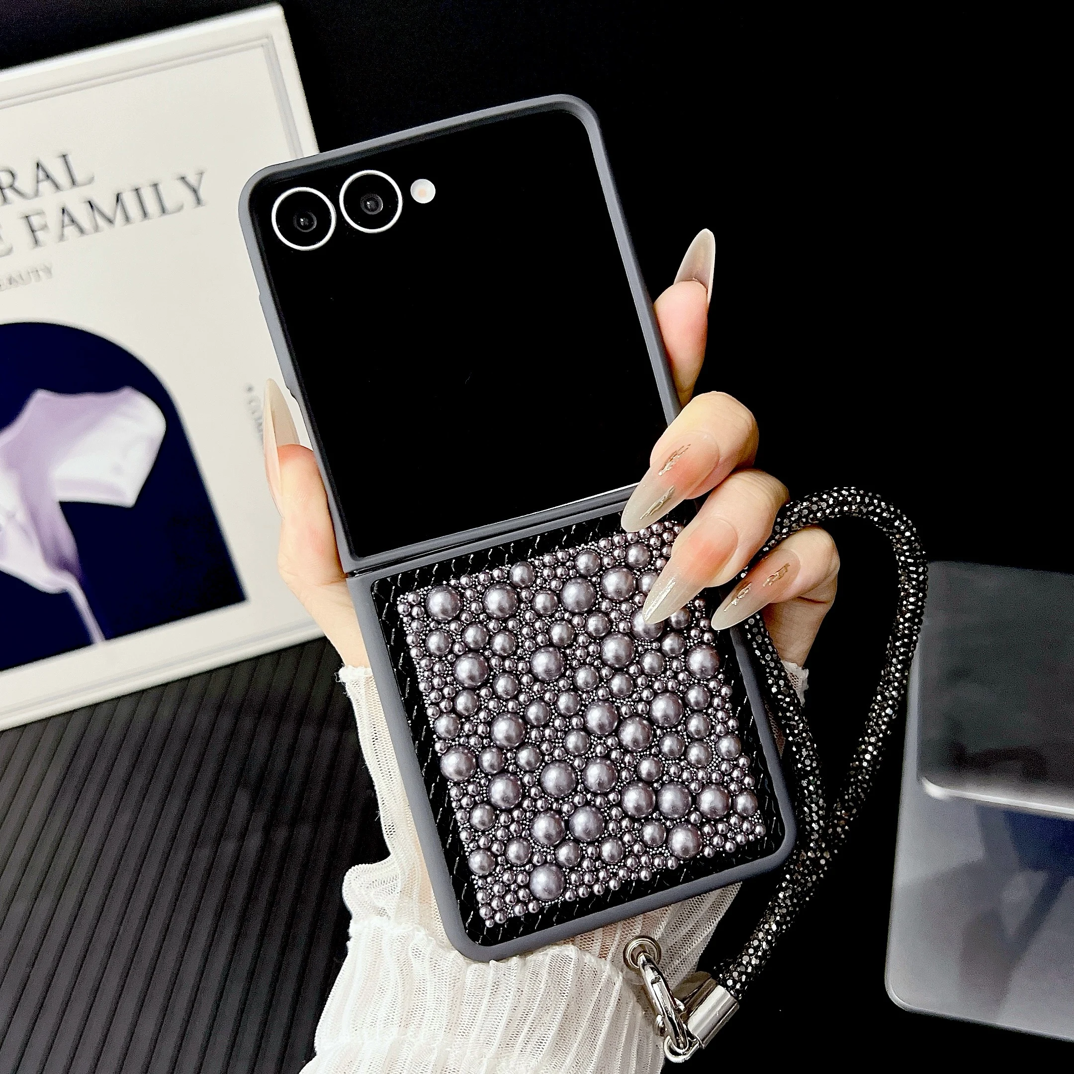 Glitter Pearl Luxury Folding Phone Case with Full Body Shockproof Protection and Bling Accents