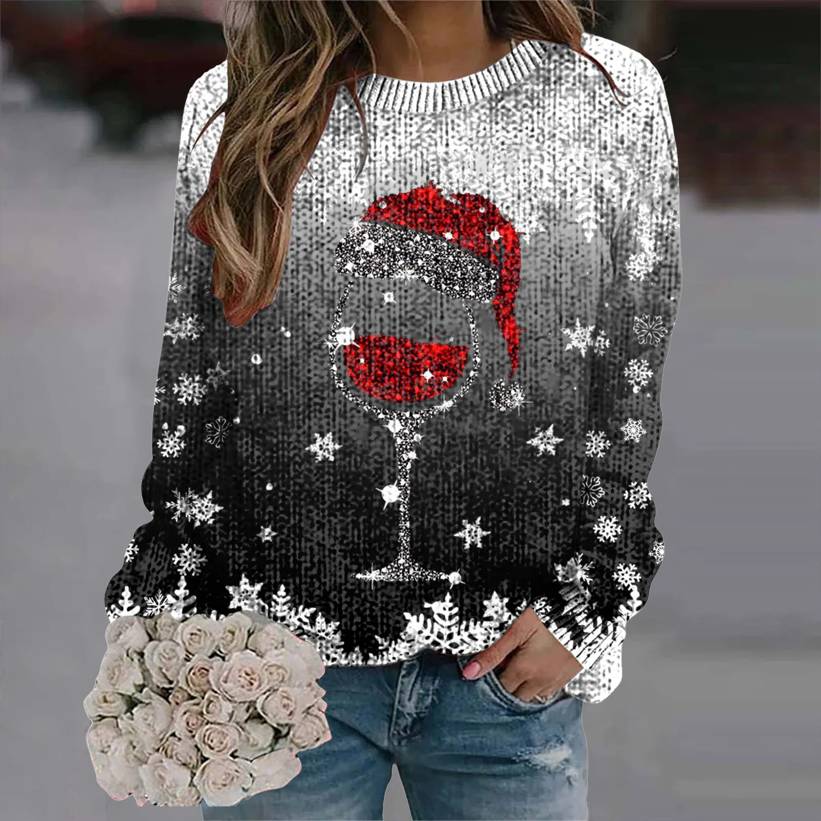 Pristine | Women’s Christmas-Inspired Patchwork Art V-Neck Sweater main image 1