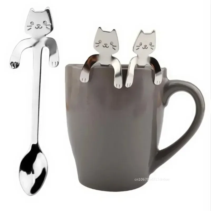 Stainless Steel Spoon Stainless Steel Coffee Spoon Cartoon Cat Cup Telpher Teaspoon Dessert Scoop Ice Cream Mini Stir Spoons Tableware Kitchen Tools