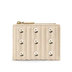 Mini Zipper PU Leather Wallet with Floral Card Holders - Stylish Money Bag (White)