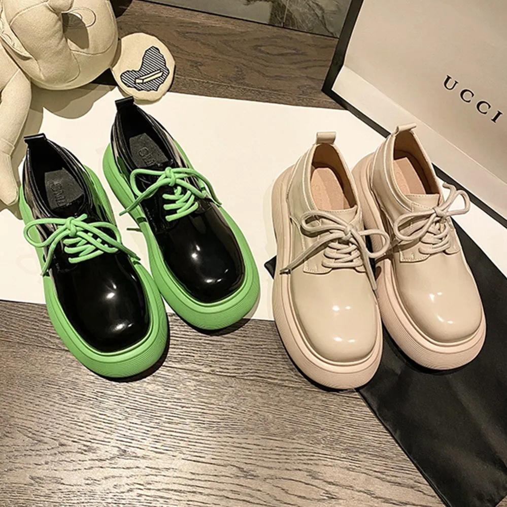 

Withered British Mixed Color Retro Thick-soled Muffin Thick-Soled Leather Shoes Women Fashion Blogger Round Toe Flat Shoes Girls