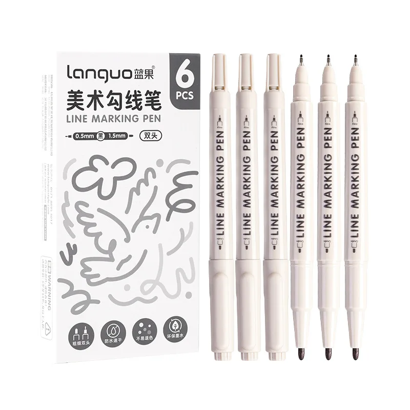 6 개/대 더블 팁 라인 마킹 펜 0.5mm 1.5mm 스케치 드로잉 펜 아웃라인 아트 마커 페인팅 문구 용품