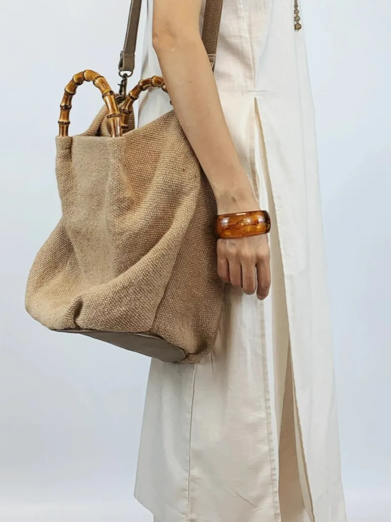 Cotton linen bamboo Large Capacity Women Tote Bag Soft Surface Single Shoulder Bag High-end Feel Commuting Tote Vintage Handbag