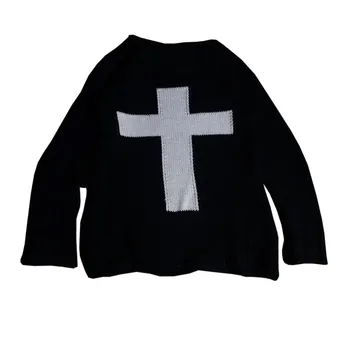 90s Goth Harajuku Y2k Cross Sweaters Streetwear Clothing Women Winter Pullover Knit Long Sleeve Hip Hop Loose Retro Jumper Coat 1