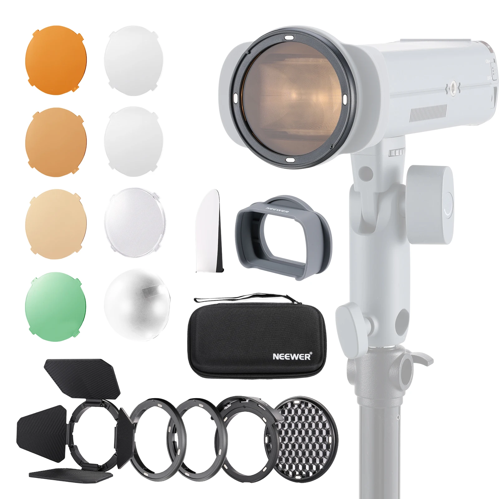 Description Picture 2 of itemNEEWER CRM5 Magnetic Flash Accessory Kit for Q3 Flash, Square to Round Head Adapter with Barndoor, Grid, Dome Diffuser