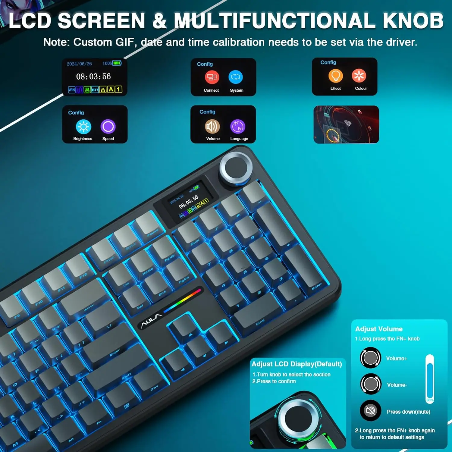 AULA F108 PRO 무선 기계식 키보드 (스크린 노브 포함) 풀 사이즈 8000mAh 배터리 RGB 백라이트 핫스왑 가능 게이밍 키보드