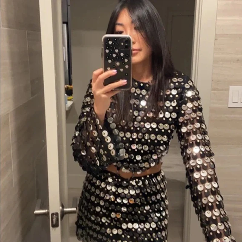 Sexy Shiny Sequins Short Dresses Female Glitter Flaer Sleeve Slim Hollow Out Mini Dress Sparkling Club Party Outfits High Street 4