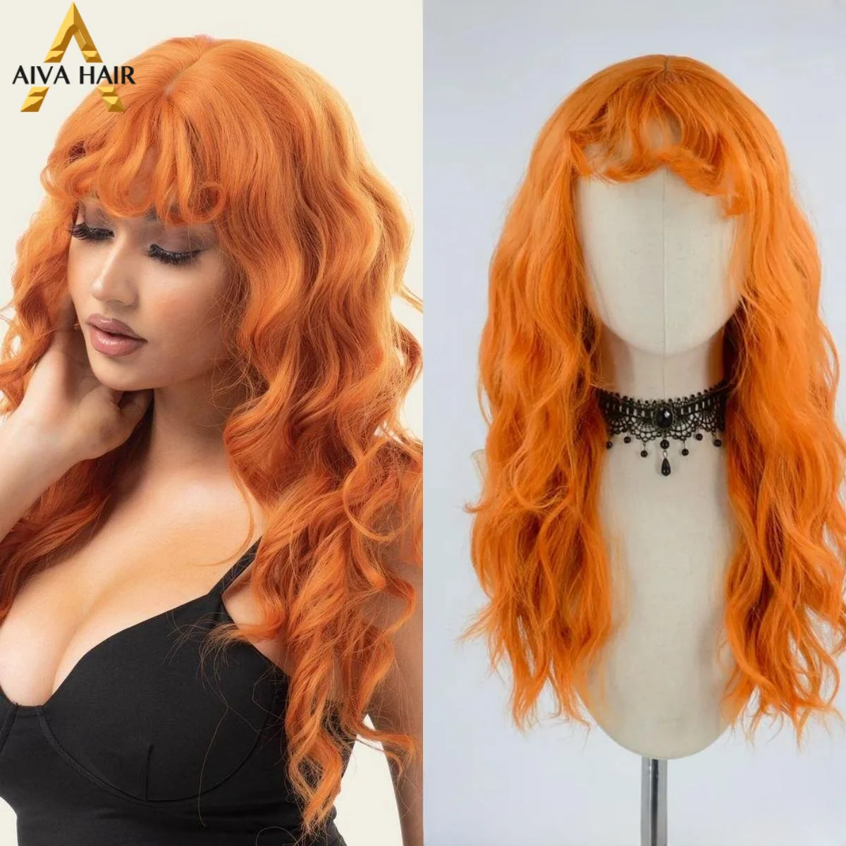 

Aiva Orange Color Wavy Synthetic 13x4 Lace Front Wig With Bangs Cosplay Heat Resistant Glueless Wigs For Women Pre Plucked 180%