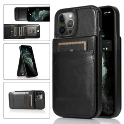 Luxury Leather Card Holder Flip Case - Designer Fashion Phone Cover - iPhone 13 Mini (Black)