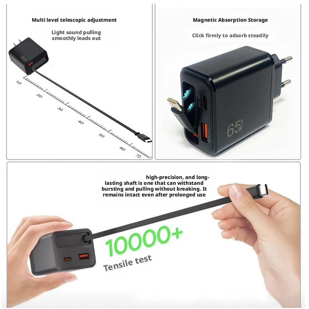 65W USB C 고속 충전기, 접이식 타입-C 케이블 포함, 아이폰 16 15 맥북 삼성 노트북 아이패드용 PD 고속 충전, EU/US/UK 플러그