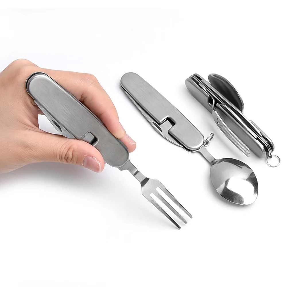 StainlessSteelCampingFoldingSwissKnifeOutdoorMultitoolPortablePocketForkKnifeSpoon