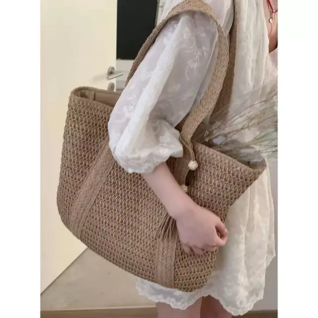 Straw Woven Shoulder Bags for Women Summer Beach Handbag with Tassel Female Fashion Handbag in Khaki Beige 5