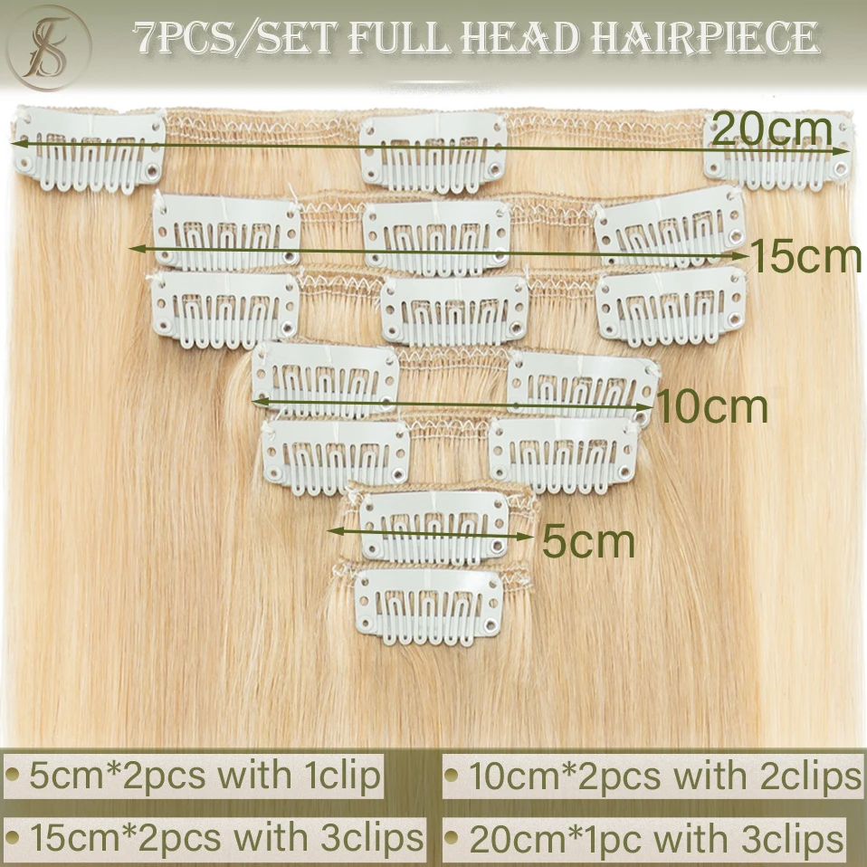 TESS-Clipe De Cabelo Humano Em Extensões, Extensões Loiras De Cabeça Cheia, Pedaços De Cabelo Remy, Extensões Naturais, 14 Em-24 Em, 7 Pcs/Set