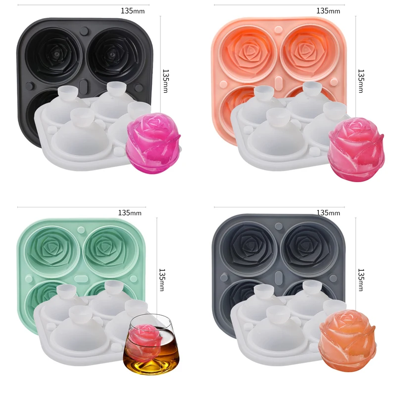 

Silicone Molds 3D Ice Cube with Lid 4 Holes Rose Flower Shape Reusable Ice Cube Tray Kitchen Accessories Ice Cream Tool Molud