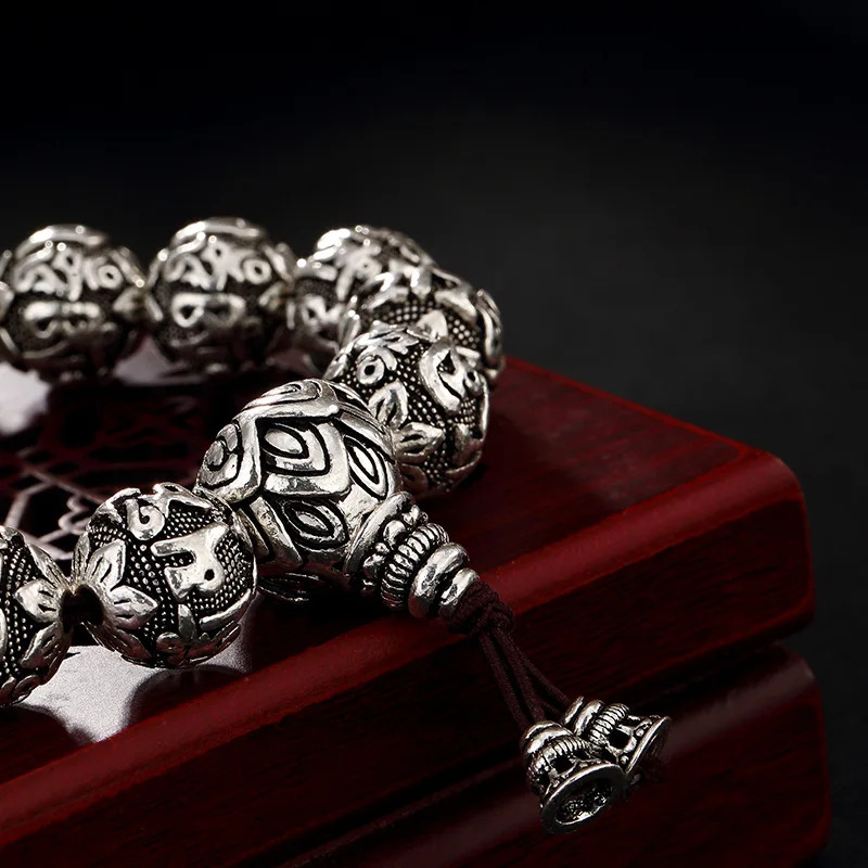 Real Solid 990 Silver Buddhist Bracelet Mens Mantra Beads Carved Six Words Om Mani Padme Hum For Tibetan Prayer Elastic Rope