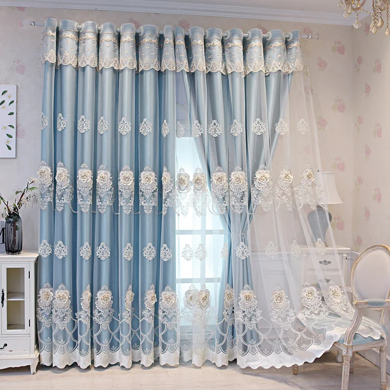 Embroidered Luxury Curtains for Living Room Bedroom Dining Windows European Double Tulle Elegant Pink Khaki Hall High Shading