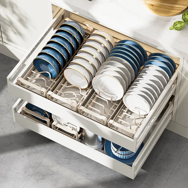 Armadietto estraibile Portaoggetti per piatti Piatto in acciaio inossidabile Supporto per supporto di scarico Cassetto da cucina Organizzatore per cestini per ciotole incorporato 3