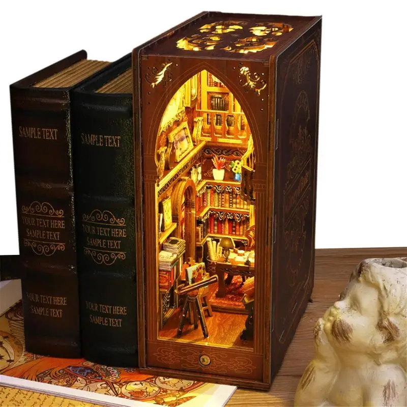 

Book Wooden Puzzles Dollhouse Bookshelf Insert Decorative Bookend Stand With LED Light DIY BookModel Kits For Teens Women Men