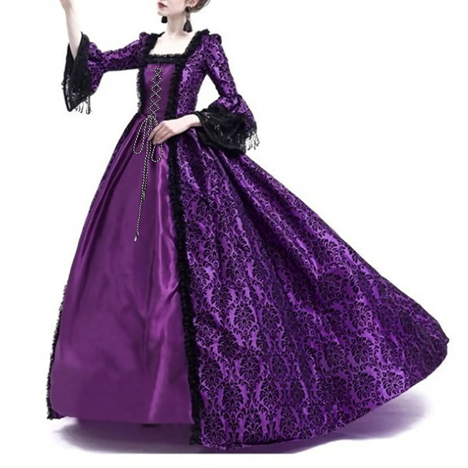 

Women Victorian Medieval Queen Cosplay Costume Masquerade Vitch Vampire Gothic Lace Stitching Long Court Dress