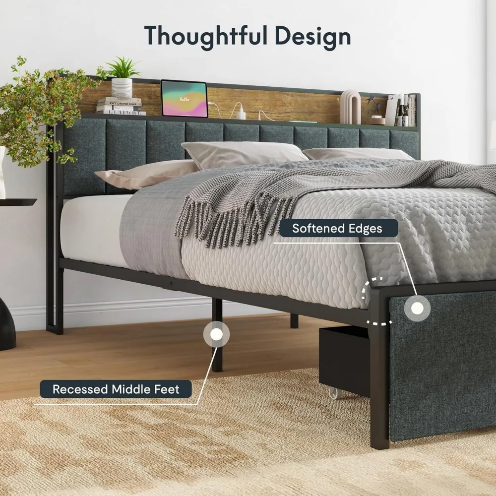 Bed Frame with Storage Headboard, Built-in Charging Station & LED Lights – Sturdy Platform Bed with Drawers 6