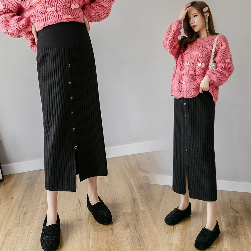 Korean Style Autumn and Winter Pregnant Women's Knitted Skirt Front Split Button Fly Maternity Straight Skirts Pregnanct Clothes