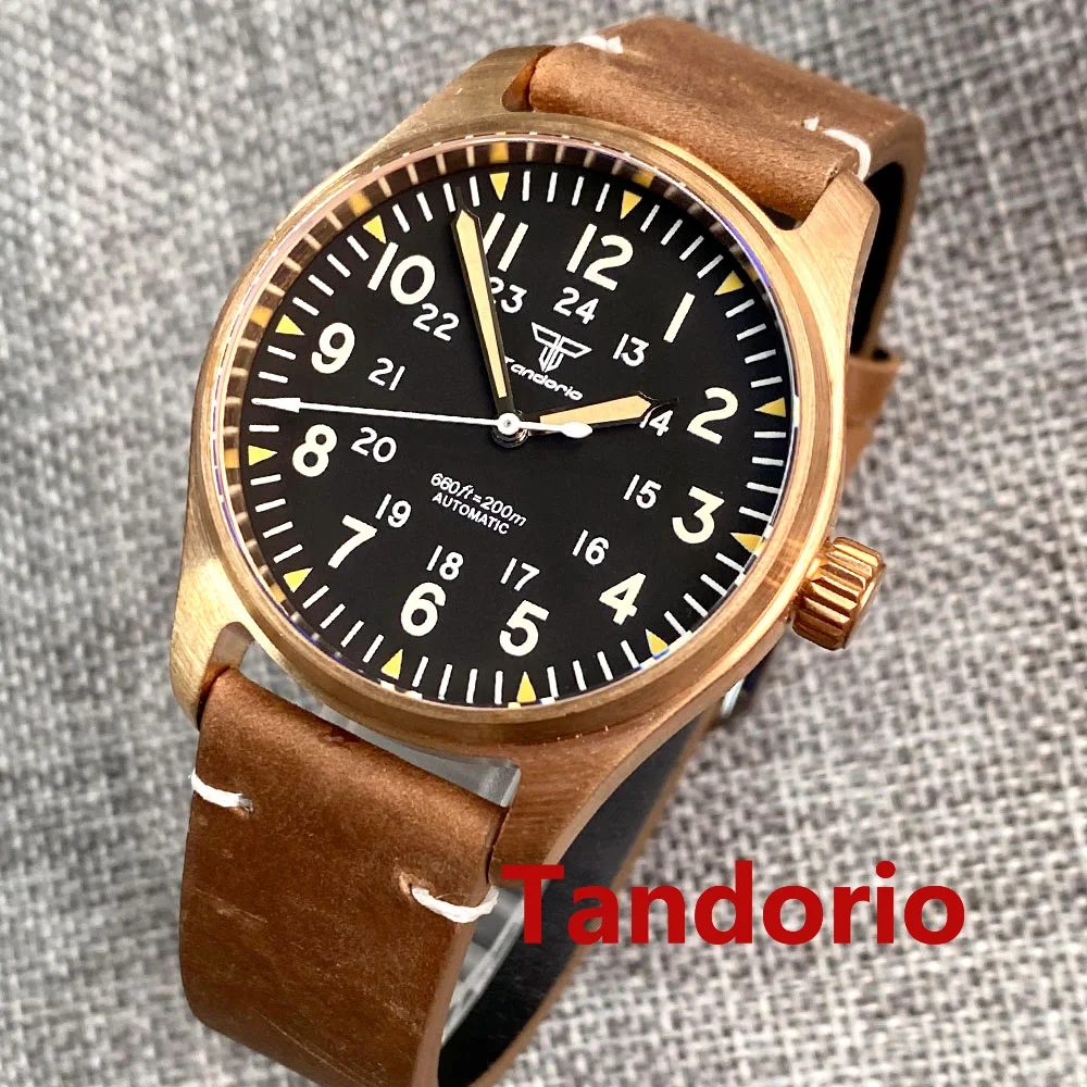 39Mm Tandorio 20Atm Diving Nh35A Pt5000 Movimento Solid Cusn8 Bronze Sapphire Glass Automatic Pilot Men Orologio Vintage Luminoso