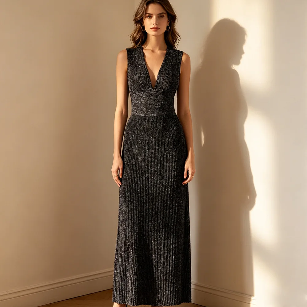 ZJYT Summer Women's Elegant Party Dresses Maxi Evening Gown 2026 New Fashion Deep V Neck Bright Silk Knitted Sweater Dress Blue 3