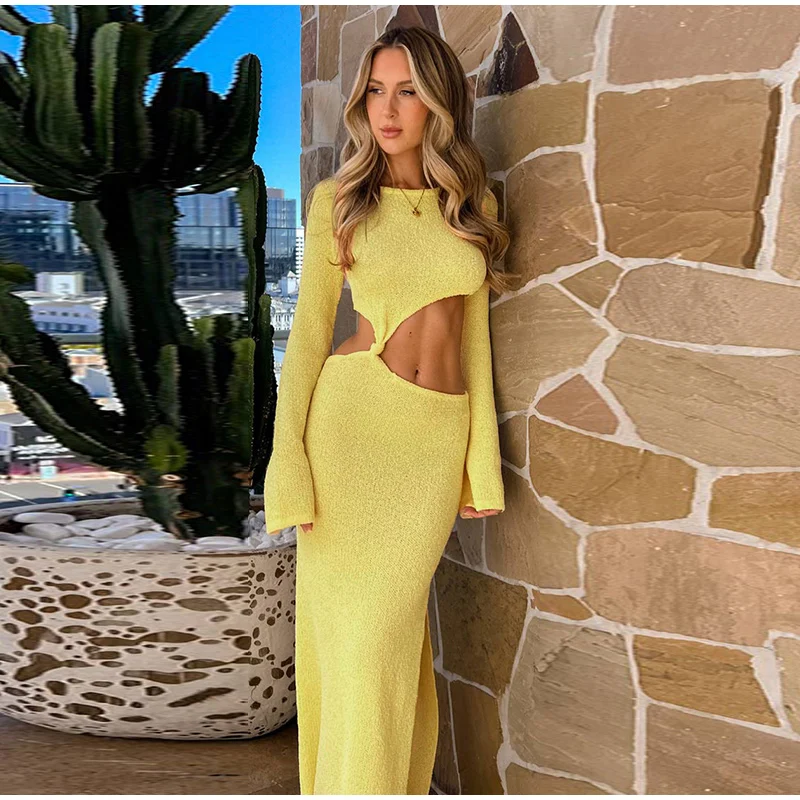 Sexy Knitted Hollow Out Long Dresses Women Casual Solid Slim Fit O-neck Slit Maxi Dress Sun Protection Female Summer Beach Party