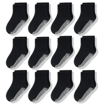 12 Pairs/Lot Non Slip Toddler Socks with Grip for Boys Girls Baby Infants Kids Anti Skid Cotton Crew Socks 1-7Years