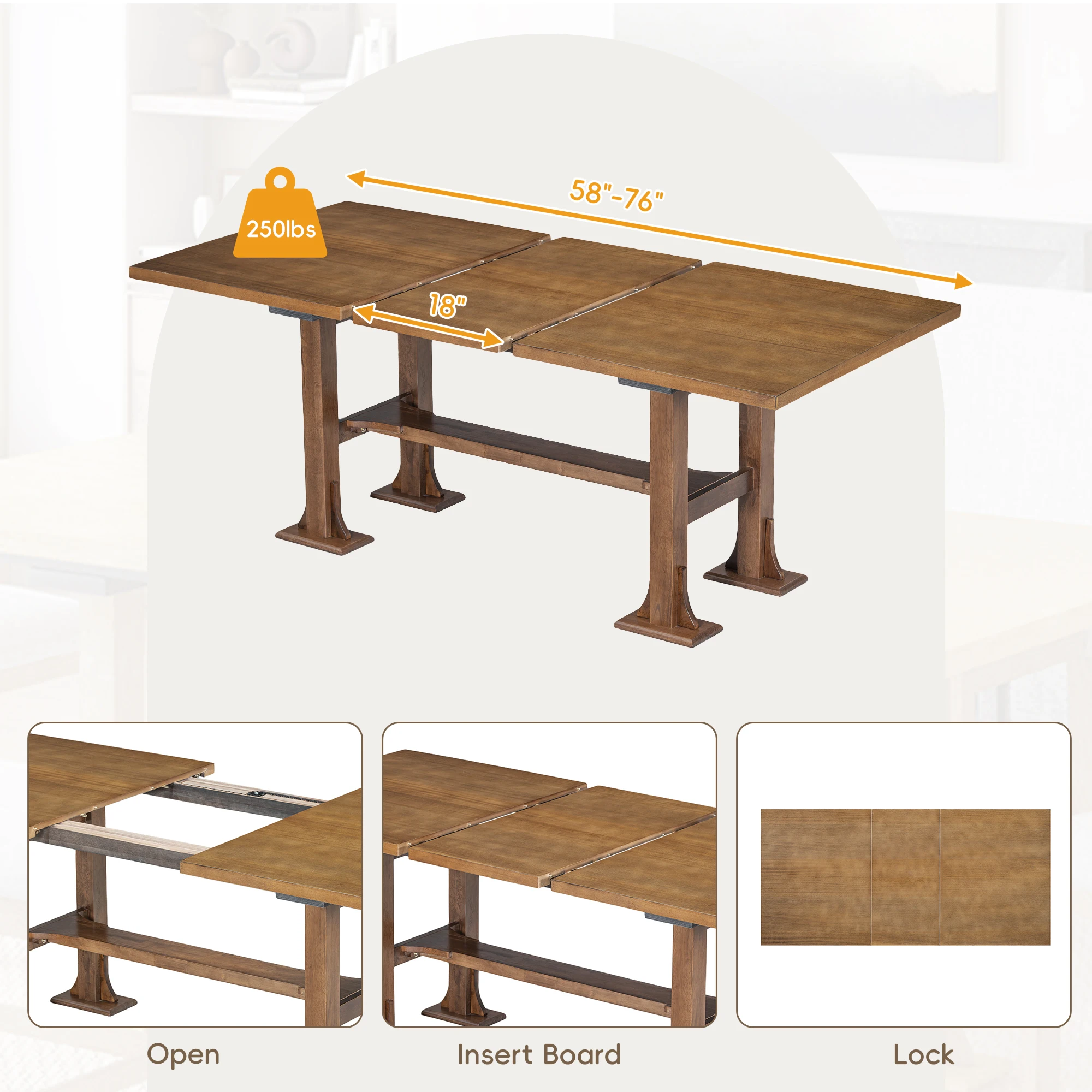 Farmhouse 76inch 6-Piece Extendable Dining Table Set Trestle Kitchen Table Set with Removable Leaf and Upholstered Dining Chair