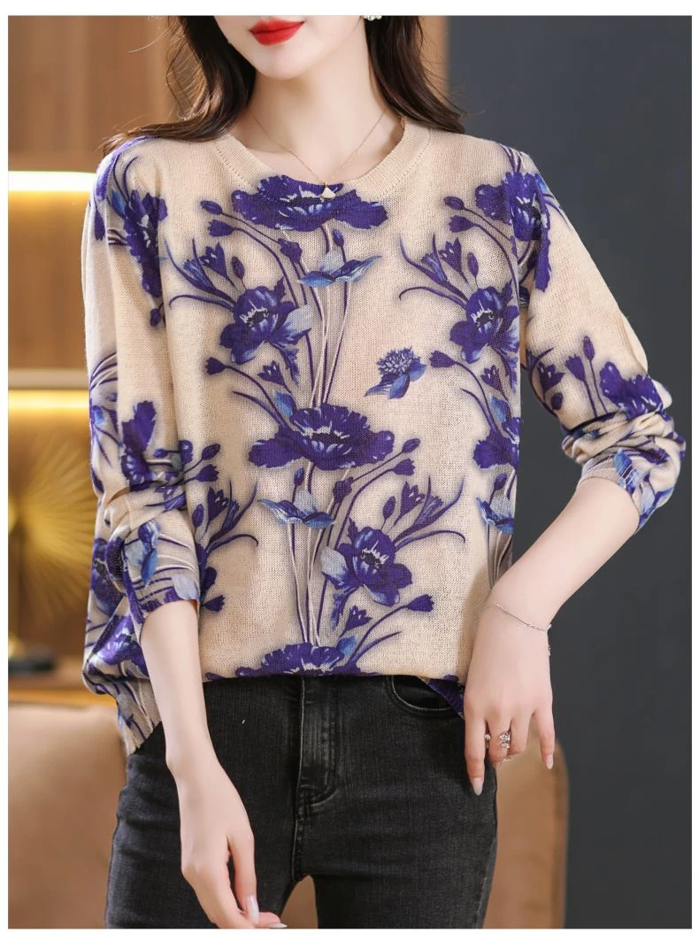 S313bc2b5b61c46da9d472354dbcc680dO Autumn Knitwear Womens Fashion Loose Printed Sweaters Ladies Luxury Casual Floral Pullover Vintage Elegant Jumpers Mallzona