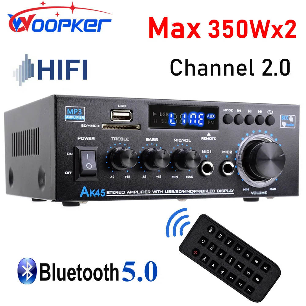 

Woopker Digital Power Amplifier AK45 Max 350Wx2 Channel 2.0 Bluetooth Surround Sound HiFi AMP for Home Car Truck RVs Yachts