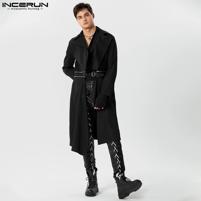 

Men Trench Solid Color Lapel Long Sleeve Zipper Loose Long Style Coats Streetwear 2023 Fashion Casual Male Windbreaker INCERUN