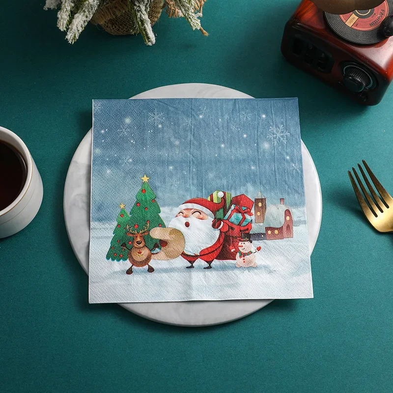 Christmas Party Decoration Paper 10/20p Starry Snowflake Gift Printed Napkin Cartoon Christmas Elements Wine Glass Flower Paper