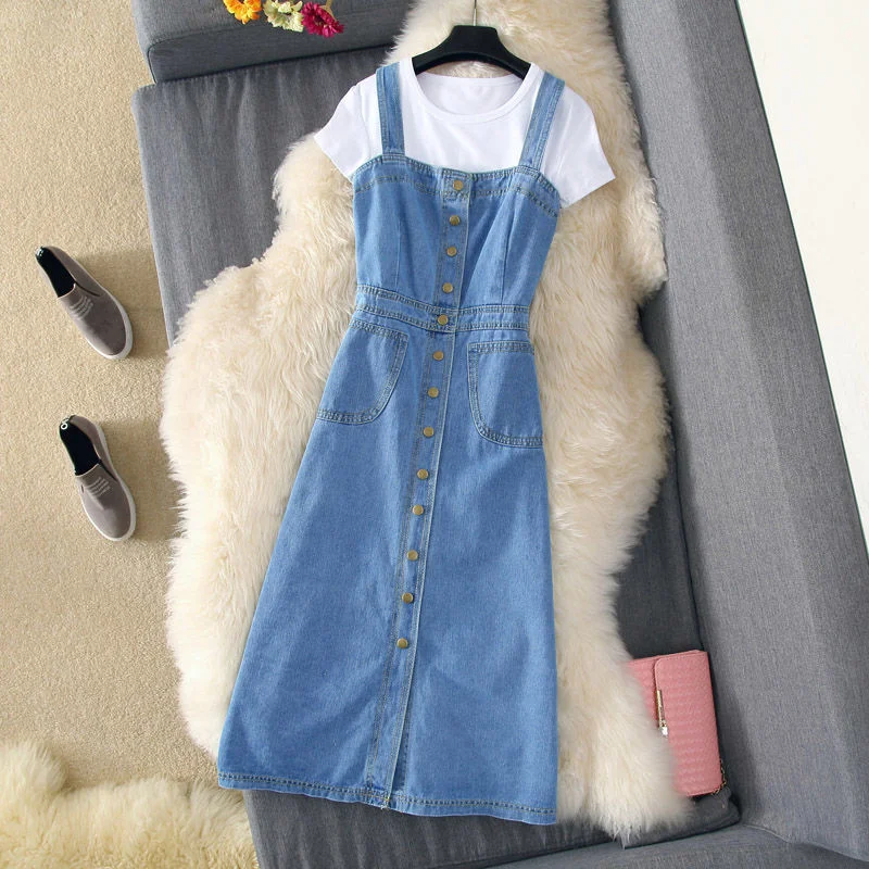 Vestido geral jeans feminino, cinta de espaguete, jeans de botão, vestido de estudante escolar, moda coreana