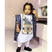 H&D New African Tradition Clothes For Kids Boys White Long Sleeve Tops Embroidery Dashiki Robe Shirt Pant Child Set 3 PCS
