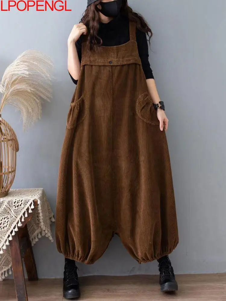 zanzea women rompers solid wide leg playsuit autumn casual straps suspender overalls vintage corduroy jumpsuits overszie 2023 Autumn And Winter New Solid Color Corduroy Oversized Overalls Women's Loose Casual Bloomer Wide Leg Pants One-piece Pants Trend