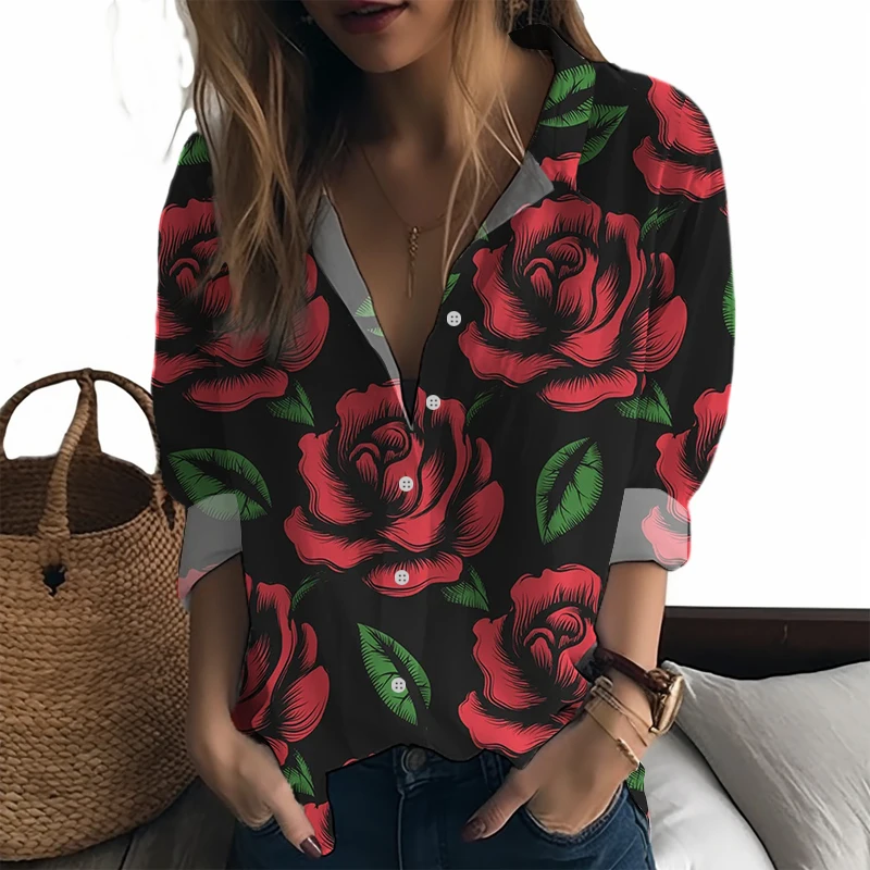 

Spring and Autumn New Ladies Shirt Fashion Trend Ladies Shirt Rose Flower 3D Printed Ladies Shirt Beautiful Style Ladies Shirt