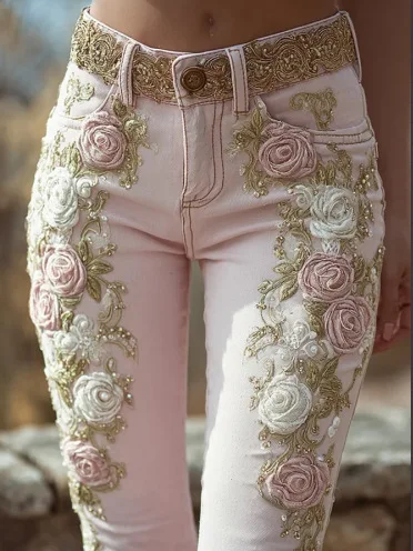 Spring Autumn New Women's High Waist Rose Embroidery Beaded Denim Pants Versatile Comfortable Casual Trendy Commuting Daily Wear