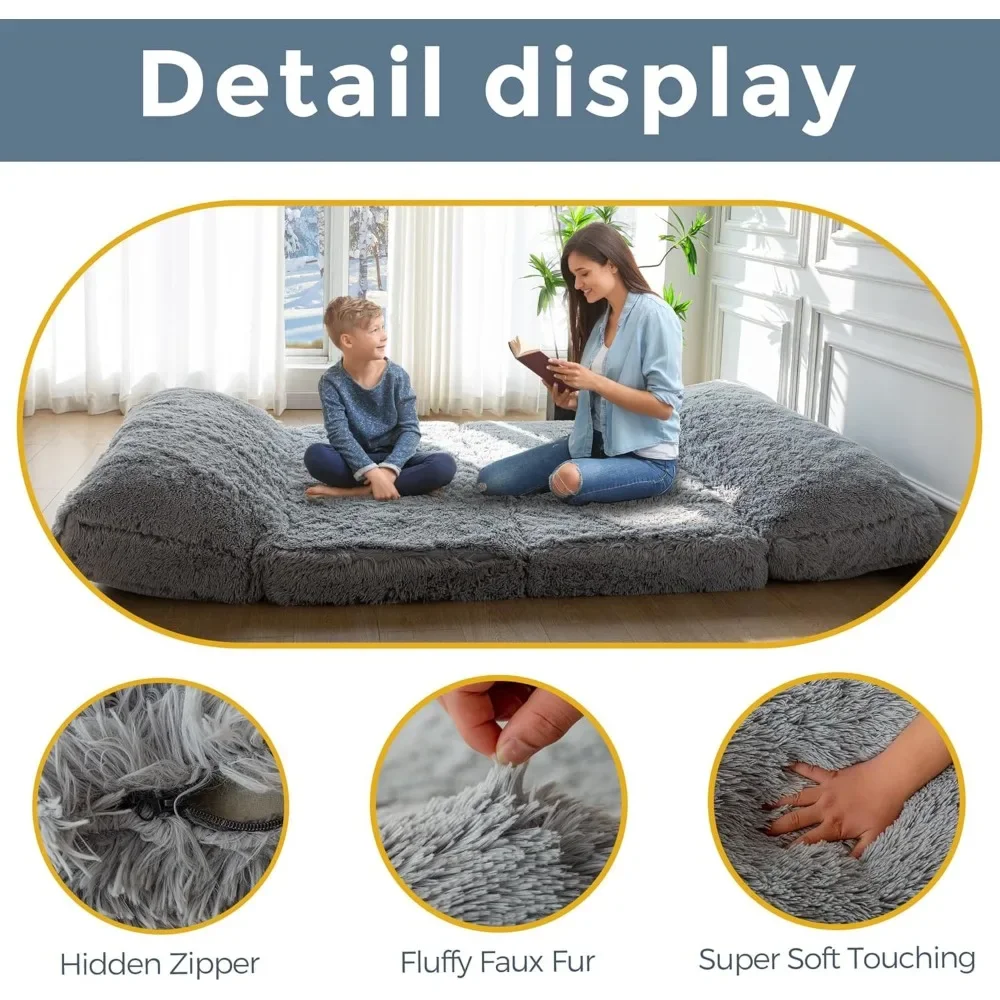 Bean Bag Bed Floor Bed, Faux Fur Sofa Chairs, Wall Couch Sleeper Chairs Single Size Floor Mattress,30x95 Inch Easy Maintenance