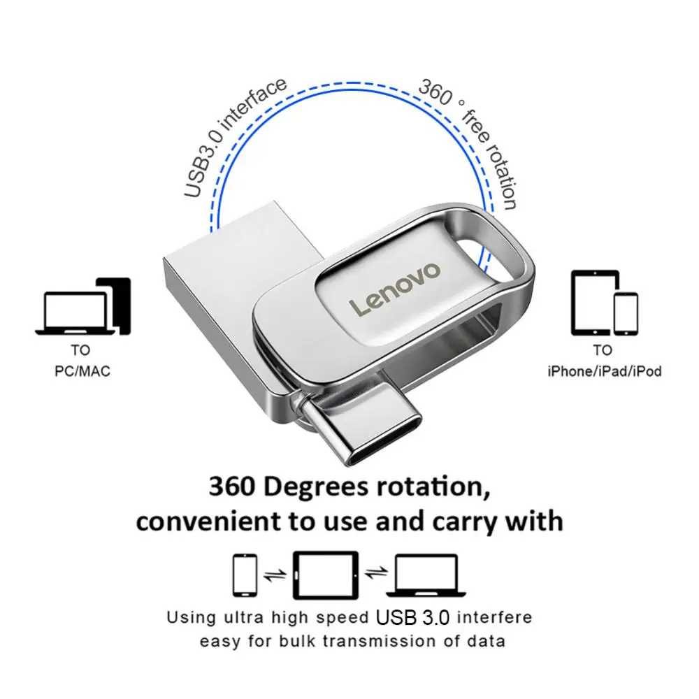 Lenovo-Clé USB OTG 2 en 1 de type C, 3.0 Go, 128 Go, 2 To, 1 To, disque mémoire étanche pour iPhone 15 Pro