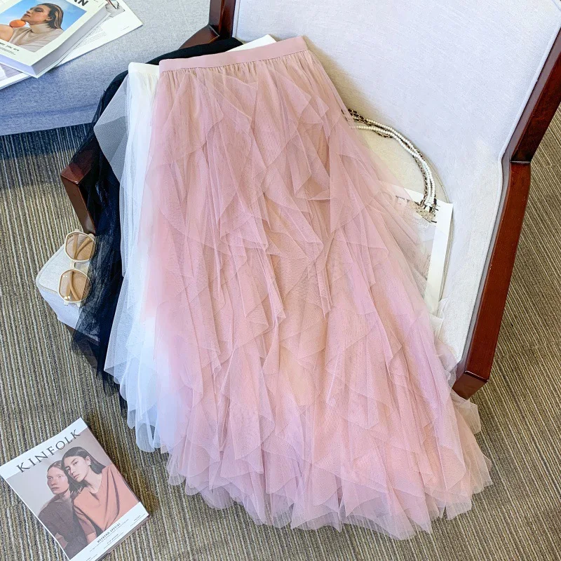 Женская газовая юбка EBAIHUI, асимметричные женские юбки с высокой талией, корейская мода, летнее короткое платье, новинка, пушистая женская одежда