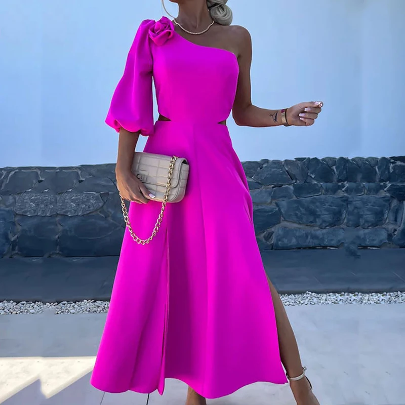 

Summer Skew Collar Solid Color A-line Dress Elegant Puff Sleeve Hollow Out Split Long Dress New Temperament Backless Party Dress